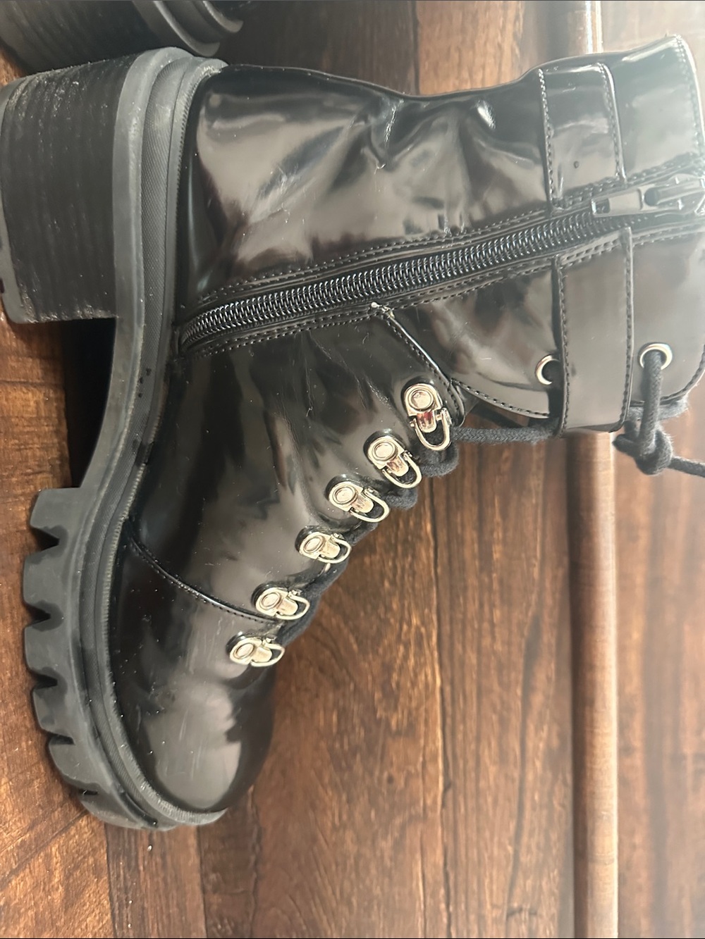 Jeffrey Campbell Black Patent Lace-Up Lug Boot with Buckle - Picture 3 of 9